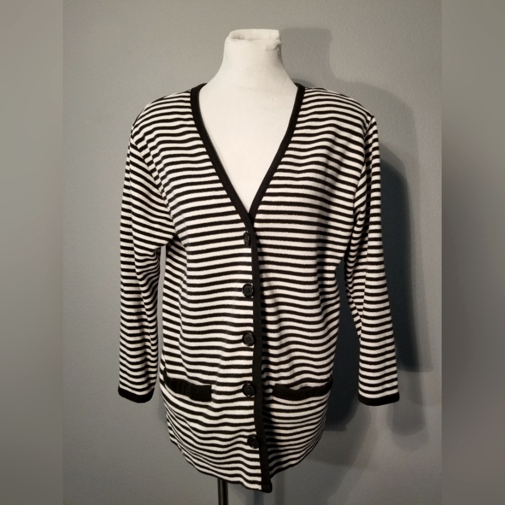 Vintage Casual Corner Black, White, And Sparkly Gold Striped Cardigan